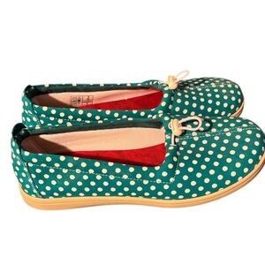 SAS Funk Tech Leather Slip On Tri Pad Comfort Shoe Sz 9M Aqua White Polka Dot